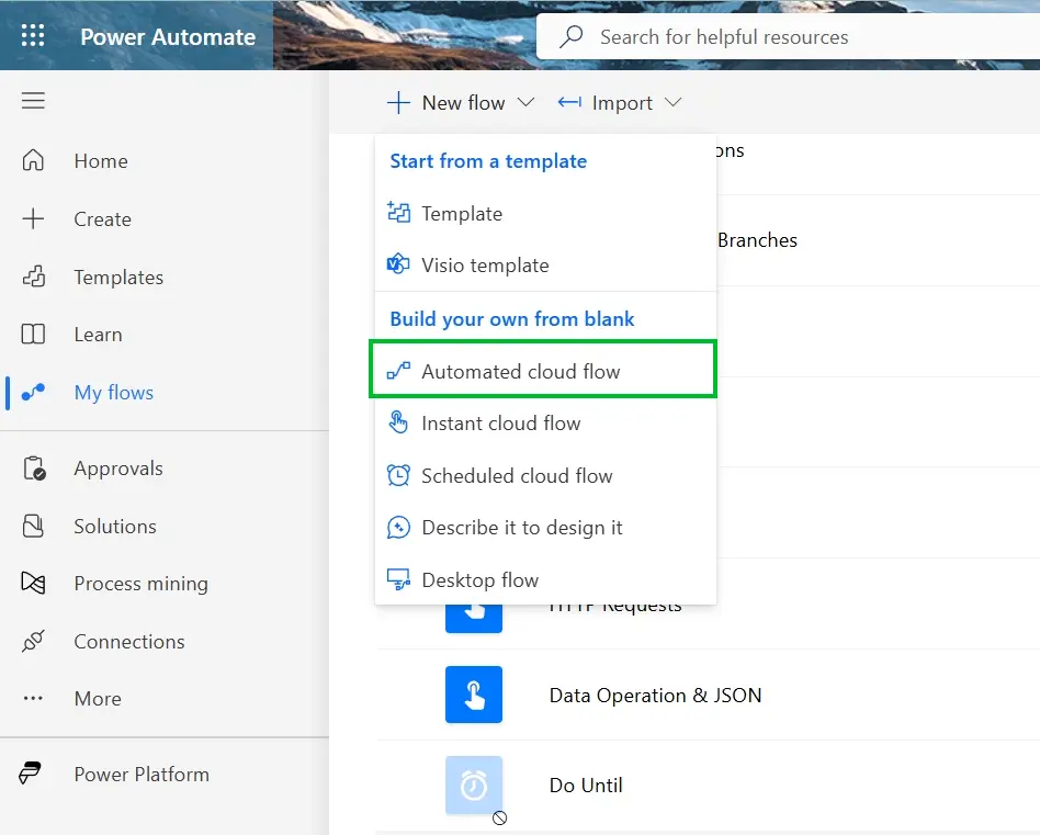 เมนูเลือกใช้งาน Automated cloud flow เพื่อออกแบบเวิร์กโฟลว์ด้วย Automated Trigger บนระบบ Power Automate