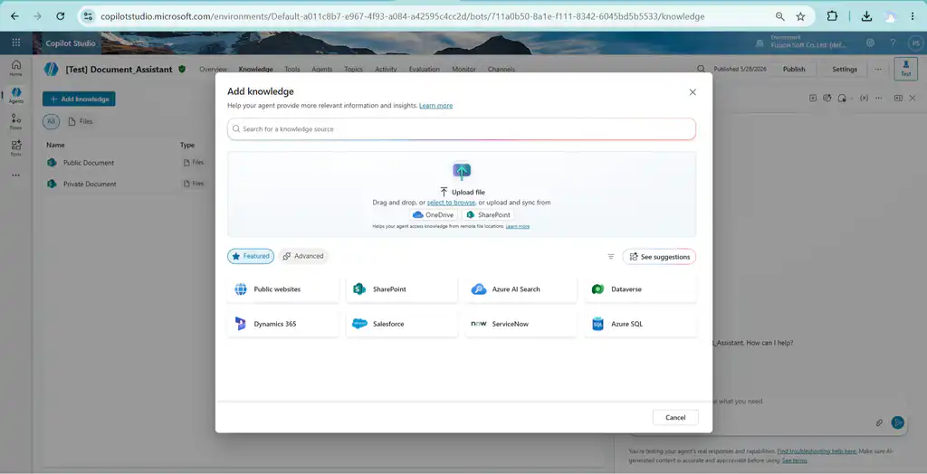 หน้าต่าง Add Knowledge บน Copilot Studio แสดงตัวเลือกการเชื่อมต่อฐานข้อมูล เช่น SharePoint, Azure AI Search, Dataverse และการอัปโหลดไฟล์