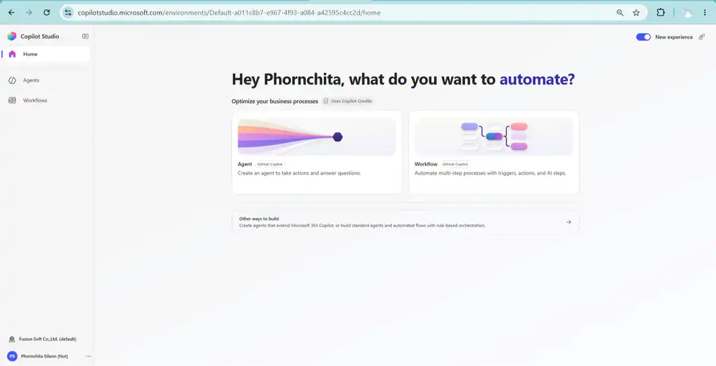 Copilot Studio หน้าจอ Copilot Studio Microsoft สำหรับสร้าง AI Agent แบบ Low-Code