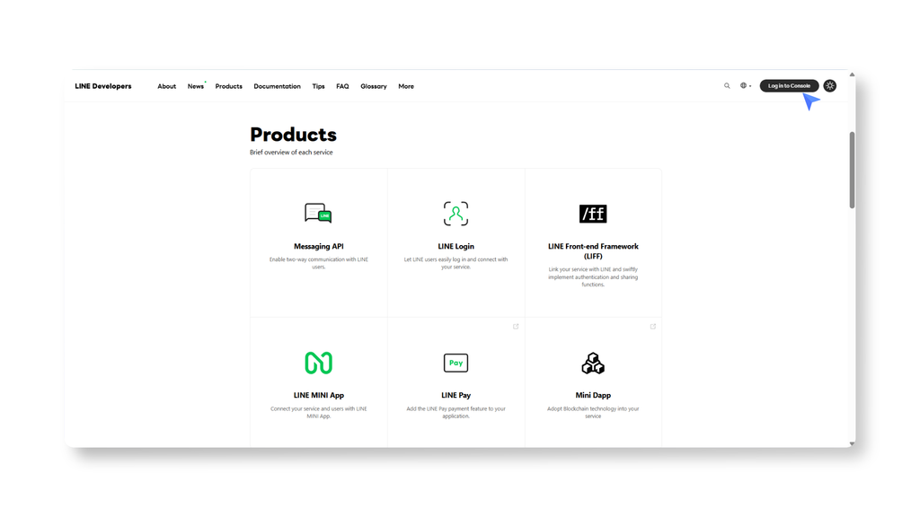 LINE Developers Console หน้าจอเข้าไปที่ LINE Developers Console แล้วเข้าสู่ระบบด้วยบัญชี LINE