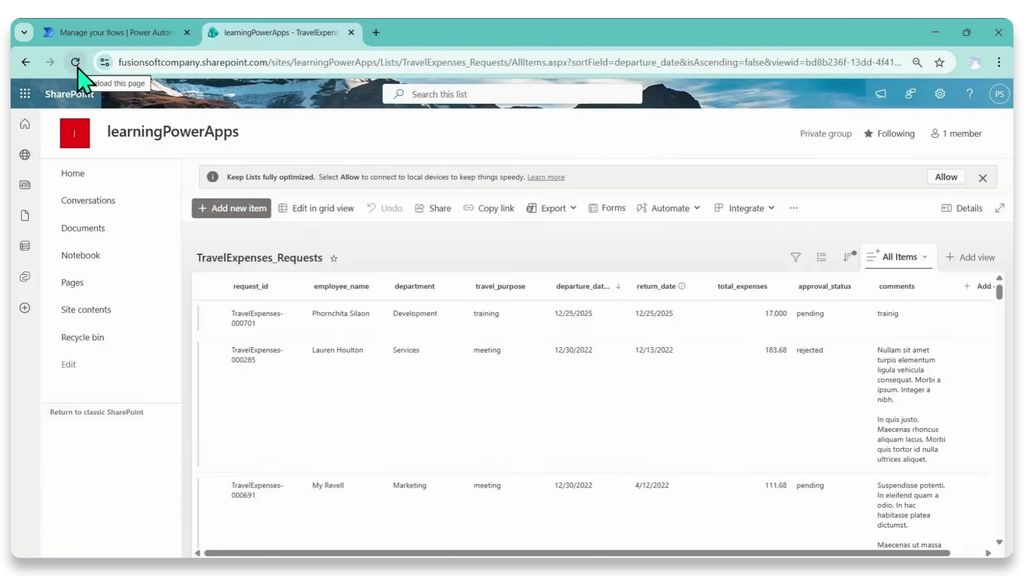 การทดสอบเพิ่มรายการเบิกค่าใช้จ่ายใน SharePoint List