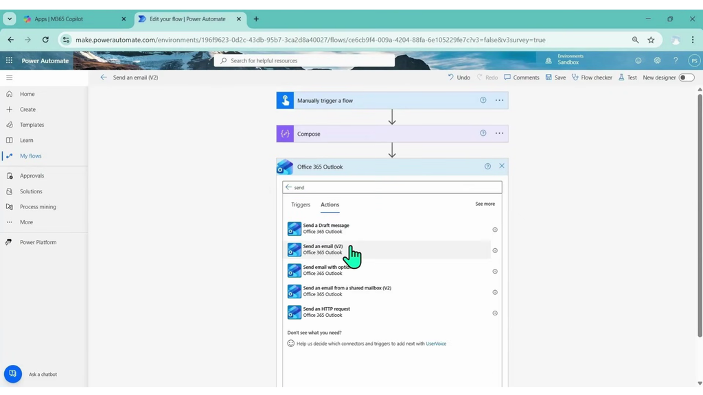 ขั้นตอนการค้นหาและเลือก Connector ของ Office 365 Outlook
