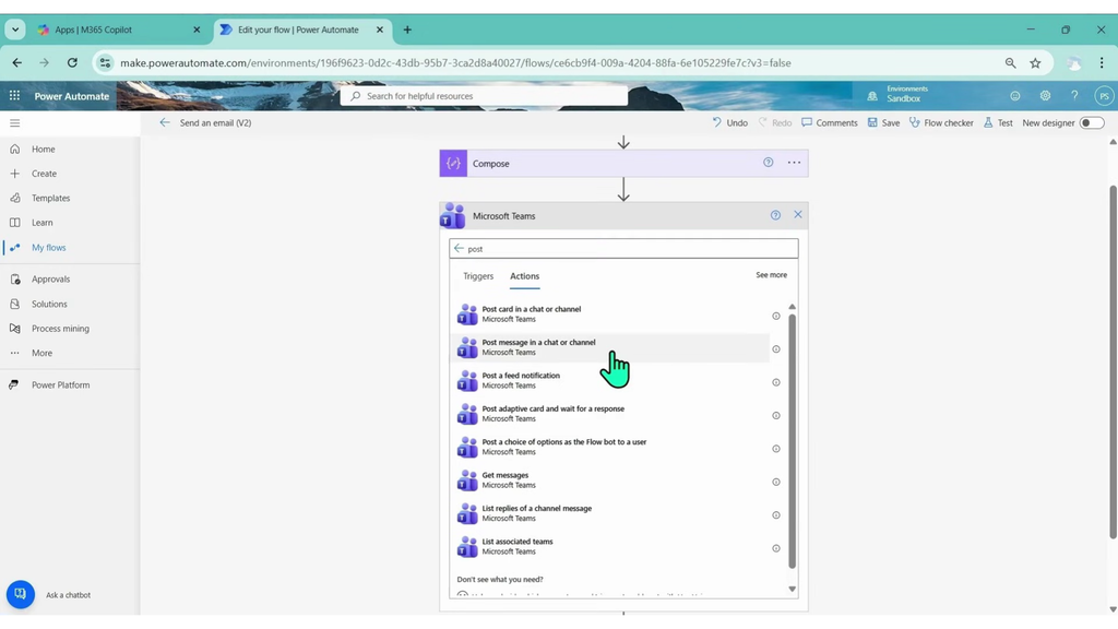 ค้นหาและเลือก Action ของ Microsoft Teams
