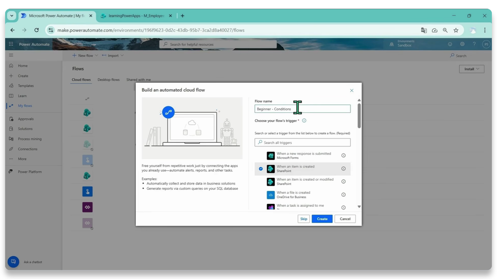 ตั้งชื่อ Flow และเลือก Trigger เมื่อมีรายการใหม่ถูกสร้างใน SharePoint