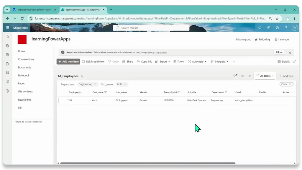 ทดสอบเพิ่มข้อมูลพนักงานใหม่สังกัดแผนก Engineering ใน SharePoint List