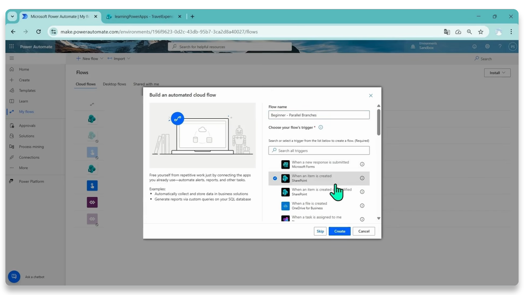 สร้าง Automated cloud flow ชื่อ Beginner - Parallel Branches และเลือก Trigger เมื่อรายการใหม่ถูกสร้างขึ้นใน SharePoint