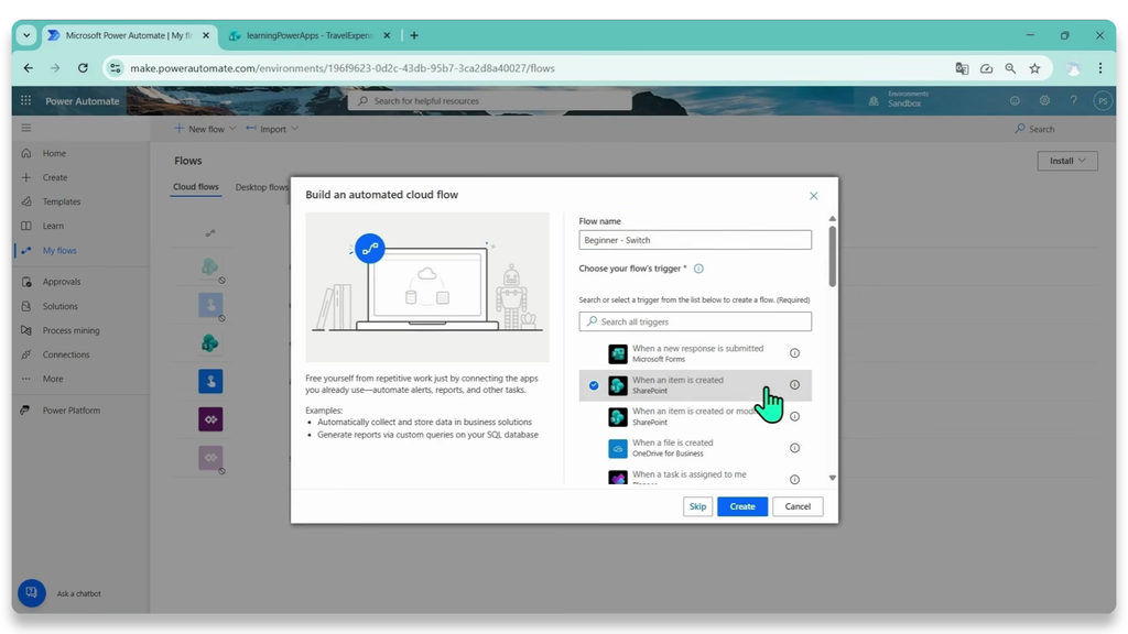 สร้าง Automated cloud flow และเลือก Trigger เมื่อรายการใหม่ถูกเพิ่มใน SharePoint