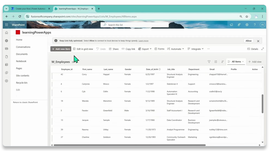 หน้า SharePoint List M_Employees ที่ใช้เก็บข้อมูลพนักงานใหม่