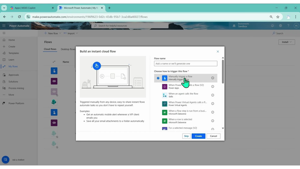 หน้าต่างตั้งชื่อและเลือกประเภท Instant cloud flow