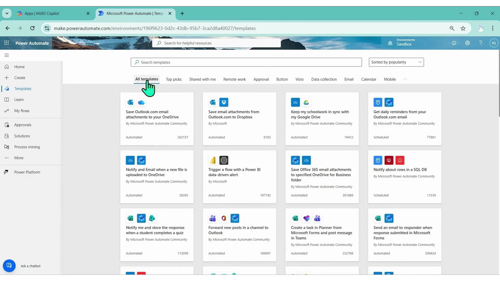 หน้าศูนย์รวมเทมเพลตสำเร็จรูป Templates ใน Power Automate
