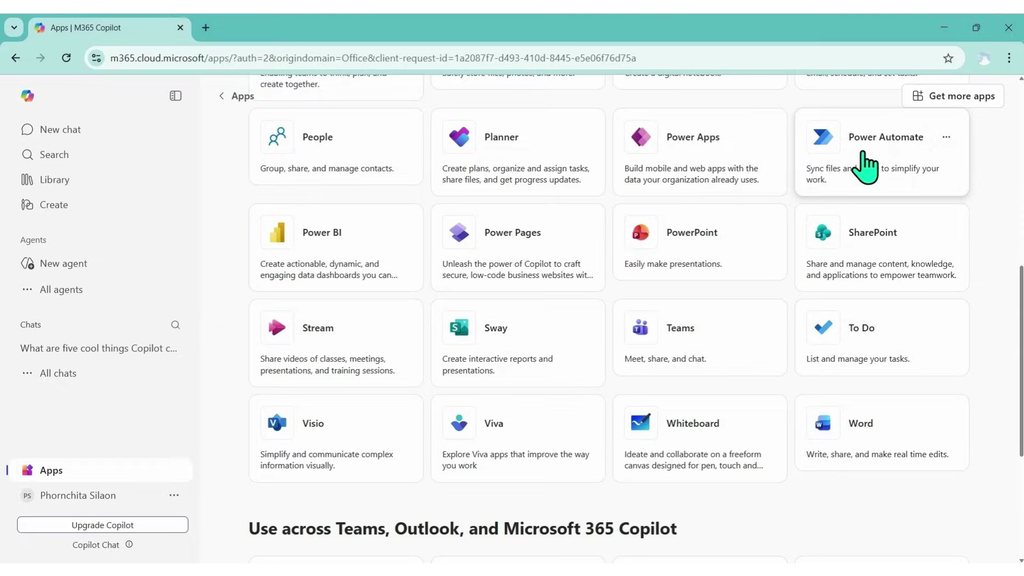 หน้าแดชบอร์ดแอปพลิเคชัน Microsoft 365 และการเลือก Power Automate